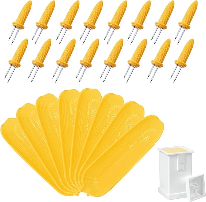 16 Pack Corn Cob Holders and 8 Pack Corn Dishes with Butter Spreader, Corn Dishes and Butter Spreader Set Kits, Corn Cob Holders Skewers BBQ Corn Holders, PEOUWNES Corn on The Cob Holders