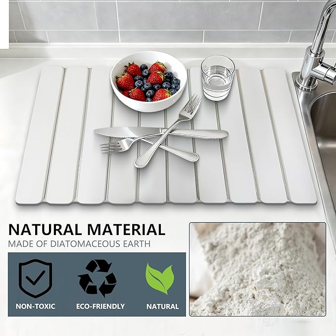 Large Stone Dish Drying Mats for Kitchen Counter , Quick Dry Absorbent Collapsible Dish Drying Mat With Rubber Sole, 23.4”(L)x15.4”(W) Diatomaceous Earth Mats for Dishes Bottles Cups