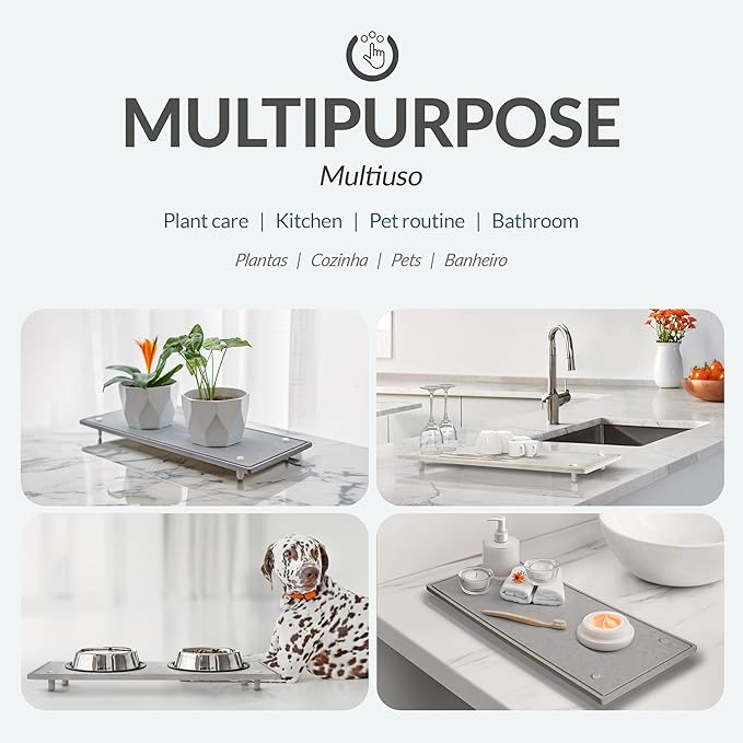 Momo Lifestyle DryRack® Stone Tray 17.5″ × 6.85″ Graphite Gray — Elevated Diatomaceous-Earth Multi-Use Drying & Pet-Feeding Platform, No Rust, No Mold, Kitchen Counter & Pet Area