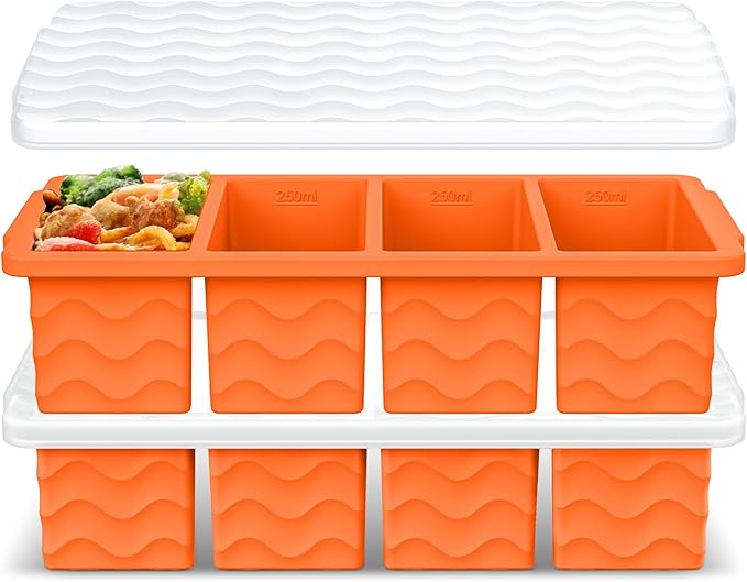 Doasuwish Silicone Freezer Tray for Soup with Lid – 1-Cup Soup Container Style Ice Cube Trays for Freezer, Meal Prep & Food Storage, Freeze 250mL/125mL Portions – 2 Pack