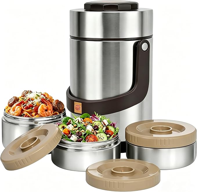 67oz Adults Stainless Steel Vacuum Insulated Thermal Lunch Box, 3 Tier Stackable Sealed Leak-Proof Wide Mouth Portable Bento Food Container, Hot Food Thermo Jar for Soup Office & Outdoor (Silver)