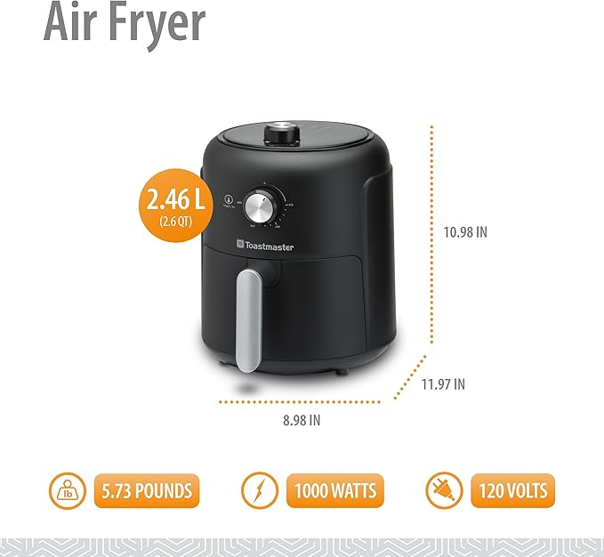 Toastmaster 2.6L Air Fryer - Instant Air Fryer with 2.75 Quart Capacity - Kitchen Appliance for Healthy Cooking - Compact Appliance with Slide-Out Basket - Oil-Free Kitchen Gadget