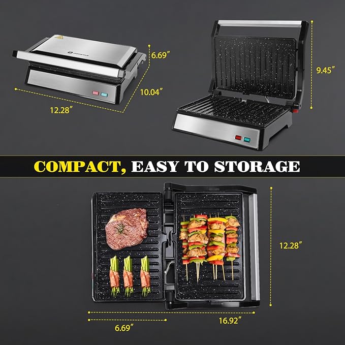 Aigostar Panini Press, 1200W Sandwich Maker and Electric Indoor Grill with Ceramic Non-Stick Coated Plates, Opens 180°to Fit Any Size of Food, Stainless Steel Surface & Removable Drip Tray, Silver