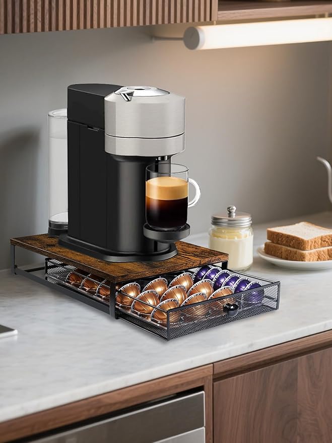 Sedegn Coffee Pod Holder Drawer Organizer Vertuo Capsules Storage Organizer with Sliding Drawer Compatible For Nespresso Vertuo Pods, Holds up to 56 Small or 28 Big Vertuo Pods Rustic Brown