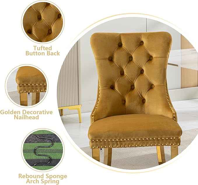 Gold Velvet Dining Chairs Set of 2, Kitchen & Dining Room Chairs, Tufted Upholstered Dining Room Chair, Back Ring Pull Trim, Golden Stainless Steel Legs, Gold