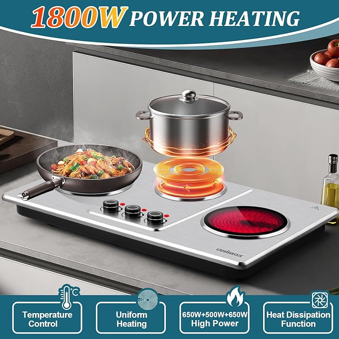 Cusimax Hot Plate Electric,Countertop Infrared Triple Burner with 7″ Ceramic Glass Cooktop,Electric Hot Plate for Cooking,11 Level Temperature Setting
