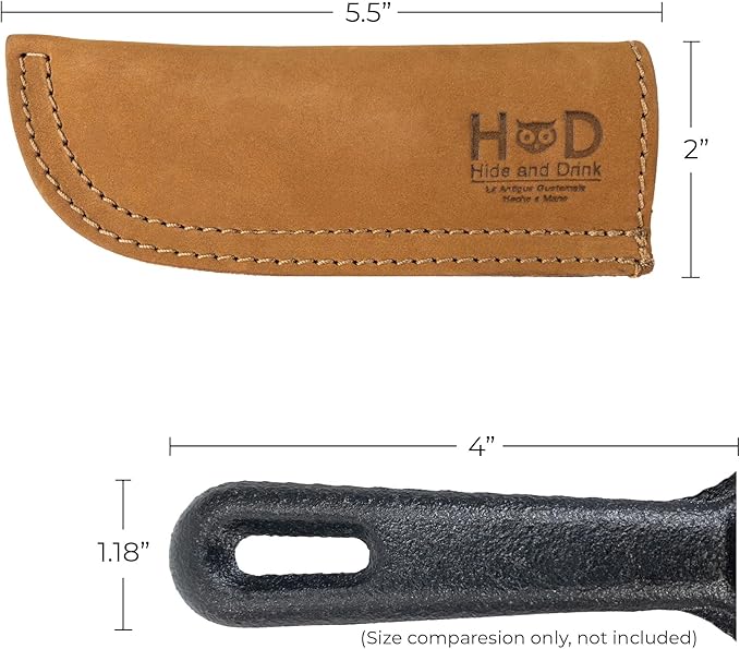 Hide & Drink, Full Grain Leather Hot Handle, Cast Iron Protector, Panhandle Potholder, Double Layered, Double Stitched, Slides On/Off Easily onto Metal Skillet Grips, Handmade, Old Tobacco