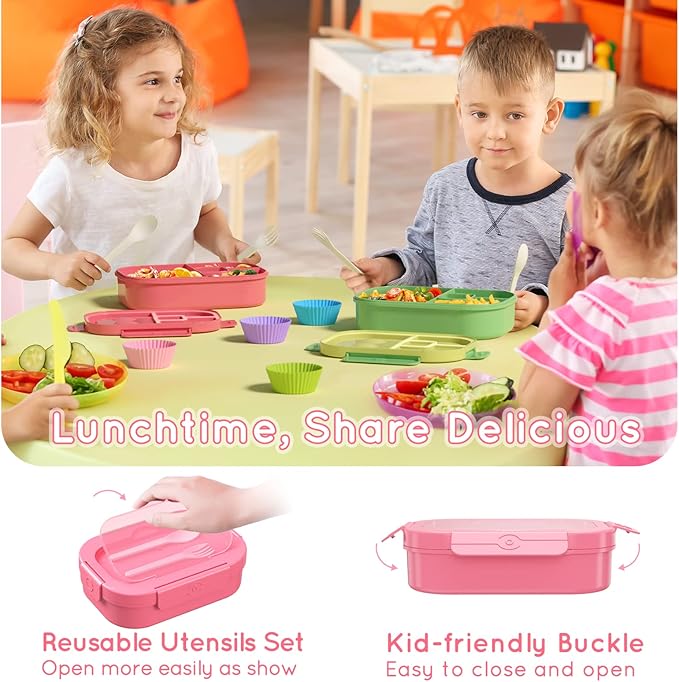 Bento Box, 44oz 4 Compartment Lunch Container with Cutlery for Kid/Adult/Toddler, Leak Proof, Microwave/Dishwasher/Refrigerator Safe, BPA Free (Pink)