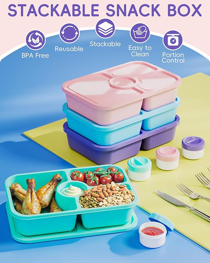 Canfanni 4 Pcs Bento Snack Box Containers, 4 Compartment Divided Stackable Food Storage Containers with Lids, Meal Prep Lunch Container with Sauce Cups