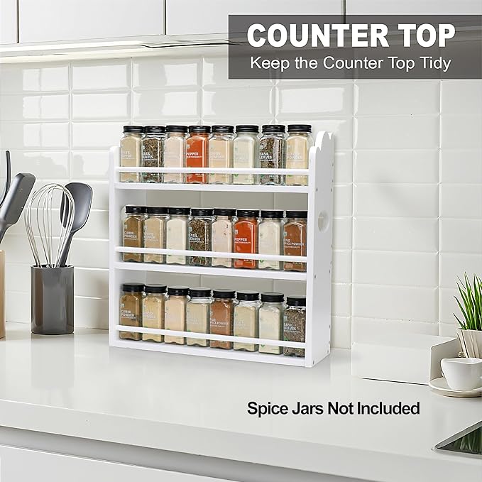 3 Tier Bamboo Spice Rack, Spice Rack Organizer, Seasoning Jars Rack Shelf Spice Organizer for Kitchen Counter or Wall Mounting, Spice Storage Holder with handles, Jars Not Included, White