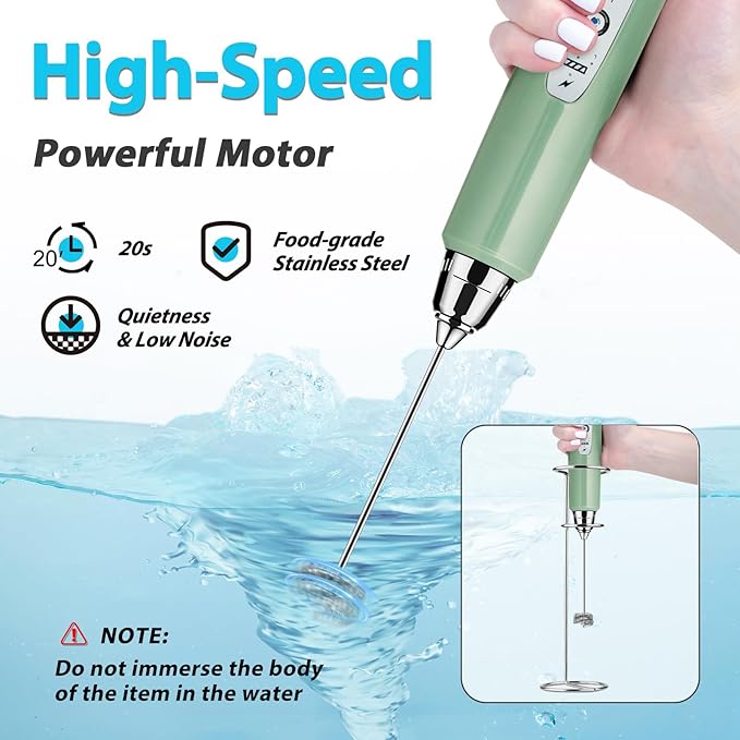 Sakgos Milk Frother with Stand Rechargeable-Handheld Coffee Frother with 3 Stainless Whisks 3 Speed Adjustable, Electric Whisk Drink Mixer, Foam Maker Blender for Matcha Latte Cappuccino Chocolate