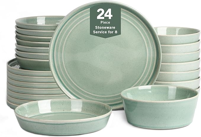 Stone Lain Claire 24-Piece Dinnerware Set Stoneware, Plates and Bowls Set, Dishwasher and Microwave Safe, Dish Set for 8, Green