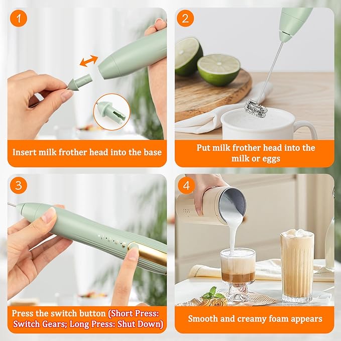 TonJin Frother Wand Rechargeable USB-C Milk Frother Handheld Mixer Electric with 2 Whisk Heads, 3 Speeds Adjustable Coffee Drink Mixer for Lattes, Matcha, Hot Chocolate, Egg, Matcha(Green)