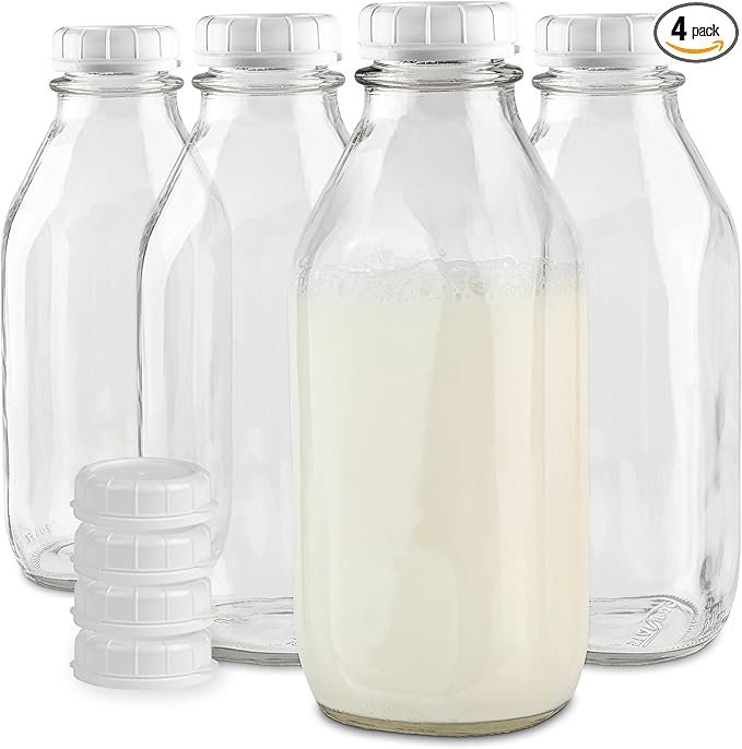 Stock Your Home Liter Glass Milk Bottle with Lid (4 Pack) 32 Oz Jugs and 8 White Caps, Reusable Food Grade Container for Refrigerator, Juice, Oat or Plant Milks, Water, Honey