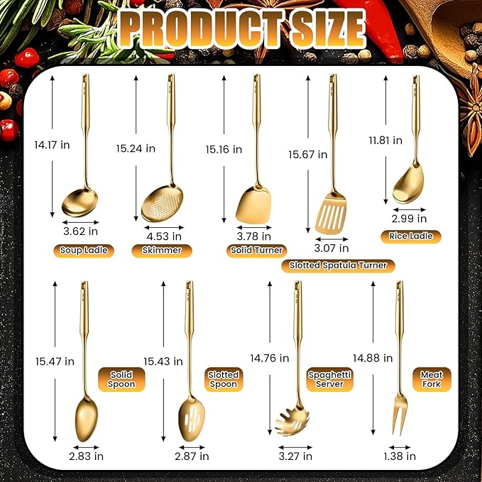 9 Pcs 304 Stainless Steel Utensils Set with Wood Handle Metal Cooking Tool Spatula, Solid Spoon, Slotted Spoon, Fork, Ladle, Skimmer, Slotted Spatula Spaghetti(Gold,Stainless Steel)
