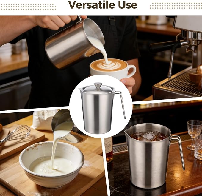 2 Pcs Stainless Steel Measuring Cup with Lids, 67.6 oz Wide Mouth 304 Kitchen Pitcher with Scale and Handle for Baking, Milk Frothing, Latte Art, Hot/cold Water