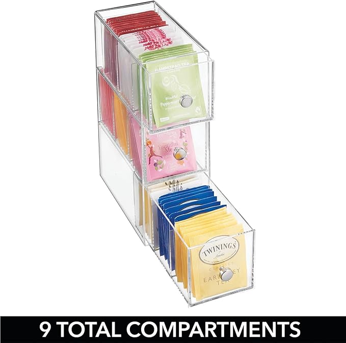 mDesign Plastic Kitchen Pantry, Cabinet, Countertop Organizer Storage Station with 3 Drawers for Coffee, Tea, Sugar Packets, Sweeteners, Creamers, Drink Pods, Packets - 3 Sections - Clear