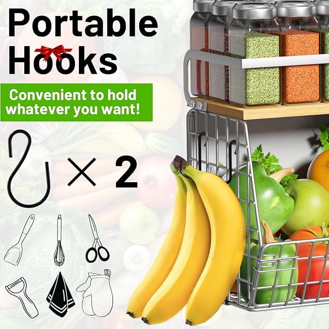 Magnetic Shelf for Fridge with Wood Lid, Fruit Potato and Onion Storage Bins, Pantry Organizers & Storage, Large Container Magnetic Spice Rack for Refrigerator, Kitchen Counter (Silver-gray, 2)