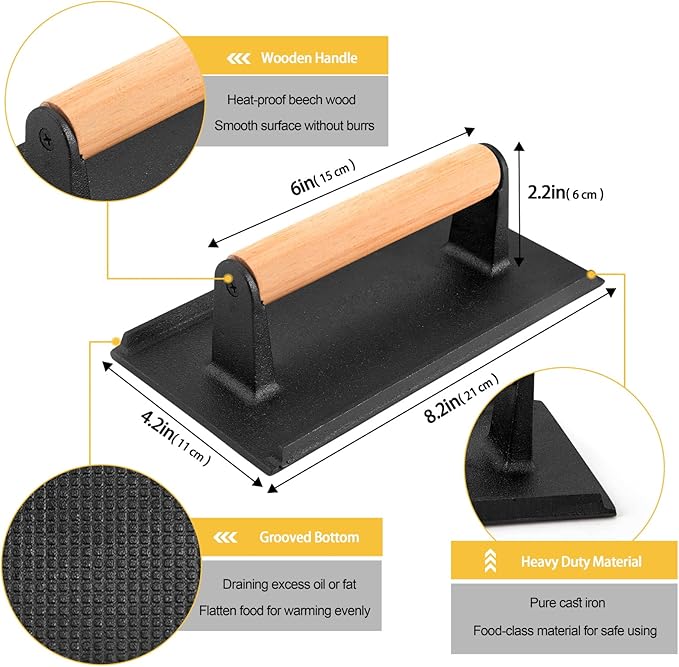 HaSteeL 9x7in Melting Dome & 8x4in Grill Press, Rectangular Basting Steaming Cover & Cast Iron Burger Bacon Press, Heavy Duty Griddle Tools Accessories for Flat Top Grilling Barbecue, Indoor & Outdoor