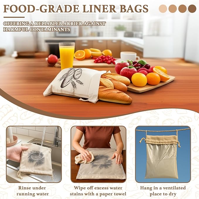 Reusable Storage Bread Bags-for Sourdough & Homemade Bread, Linen Cloth Bags w/TPU Keeps Fresh Longer