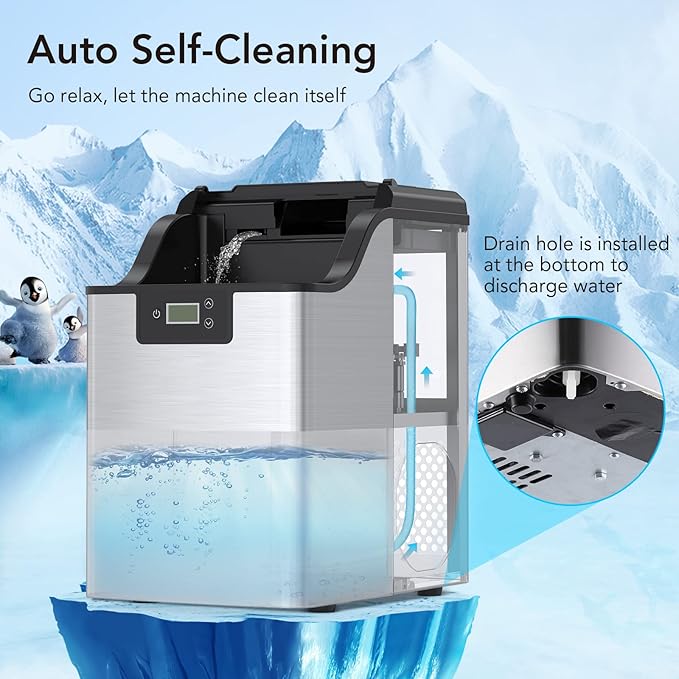 Acekool Nugget Ice Maker, Pebble Ice Maker Machine, 30lbs Per Day, 3Qt Water Reservoir & Self-Cleaning, Stainless Steel Finish Ice Machine for Home Office Bar Party, Silver