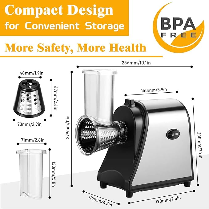 Electric Cheese Grater, Salad Maker With 5 Different Blades, 250W Electric Slicer Shredder for Home Kitchen Use, One-Touch Control Electric Grater for Cheeses, Fruits, Vegetables, BPA-Free