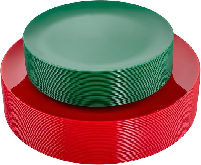 KIRE 60Pcs Plastic Plates, Premium Disposable Christmas Dinner & Dessert Plates, Modern Design, Green & Red, 30 of Each, All Seasons, 7.5inch/10.25inch, 0.1lbs, for Parties & Easter