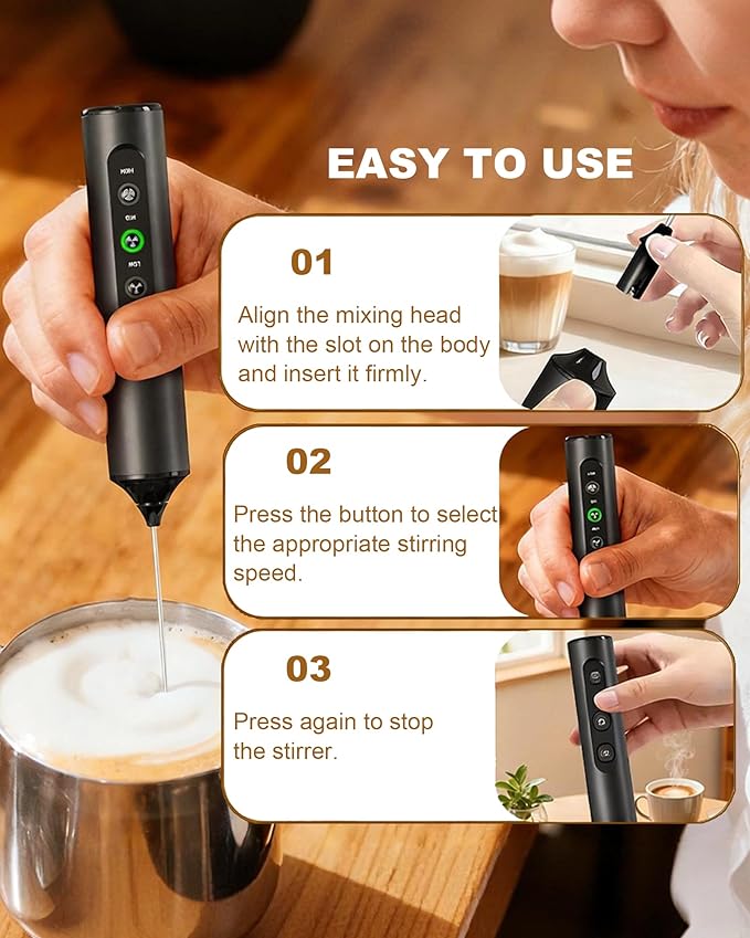 Rechargeable Handheld Milk Frother with Box, 3-Speed Coffee Frother Handheld with 3 Whisks, Dual Coil Whisk Electric Frother Wand for Coffee Latte Cappuccino Matcha and Egg, Kitchen Gift Set
