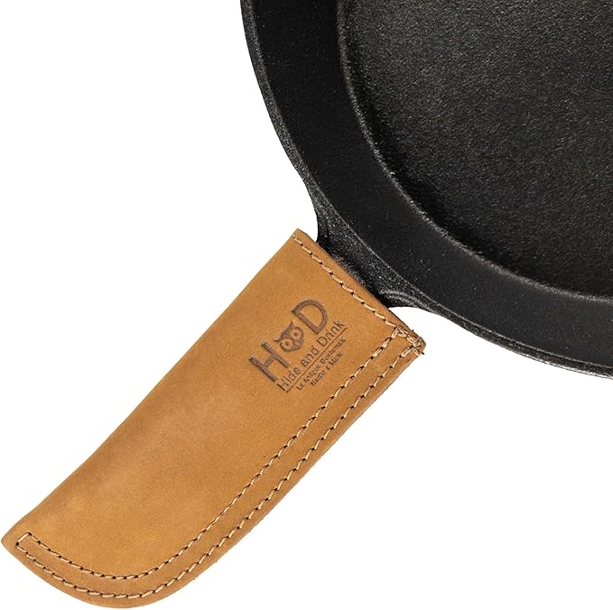 Hide & Drink, Full Grain Leather Hot Handle, Cast Iron Protector, Panhandle Potholder, Double Layered, Double Stitched, Slides On/Off Easily onto Metal Skillet Grips, Handmade, Old Tobacco
