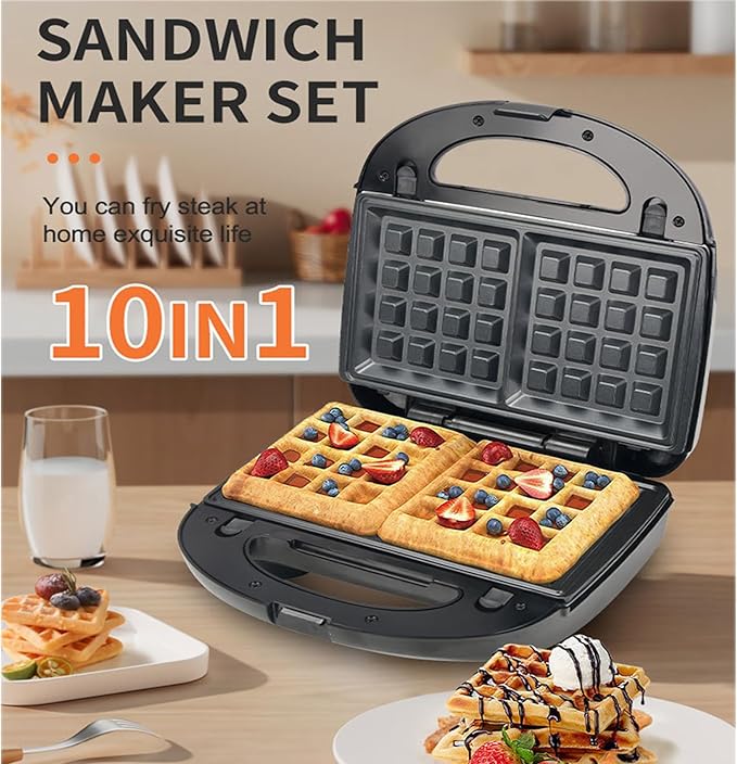 10 in 1 Waffle Maker with Removable Plates, 750W Electric Breakfast Sandwich Maker with Non Stick Coating, Compact Dual Panini Press Grill Machine for Donuts, Madeleine, Burgers, Snacks and Desserts