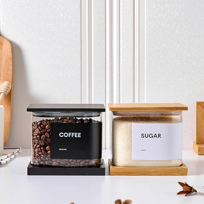Glass Storage Jars with Bamboo Lids, 50oz Square Food Storage Containers for Kitchen Pantry Organization, Storage Canisters with Labels for Cereal Flour Beans Tea, Large Spice jars Seasoning Bottles