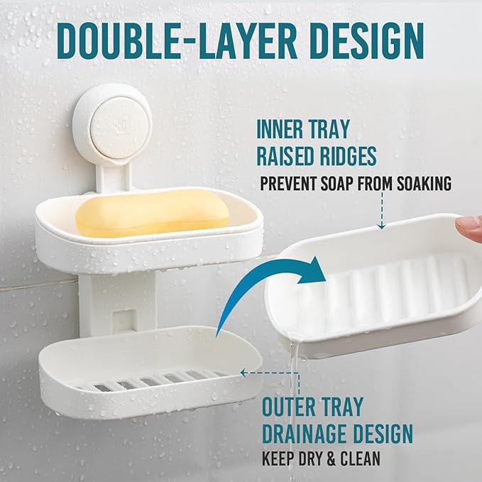 TAILI Double Layer Soap Dish & 2 Pack Suction Corner Shower Caddy, Bathroom Shelf Storage Basket Wall Mounted Organizer for Shampoo, Conditioner, Tub and Kitchen Sink, Drill-Free, Removable