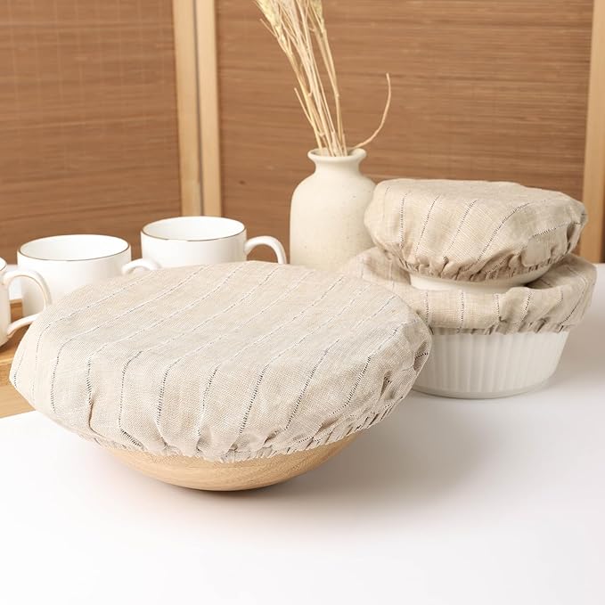 100% Linen Stripe Bowl Covers Reusable For Bread Proofing, 4 Pcs Elastic Cloth Fabric Bowl Covers, 5.9 * 7.9 * 9.8 * 11.8 Inches, Linen