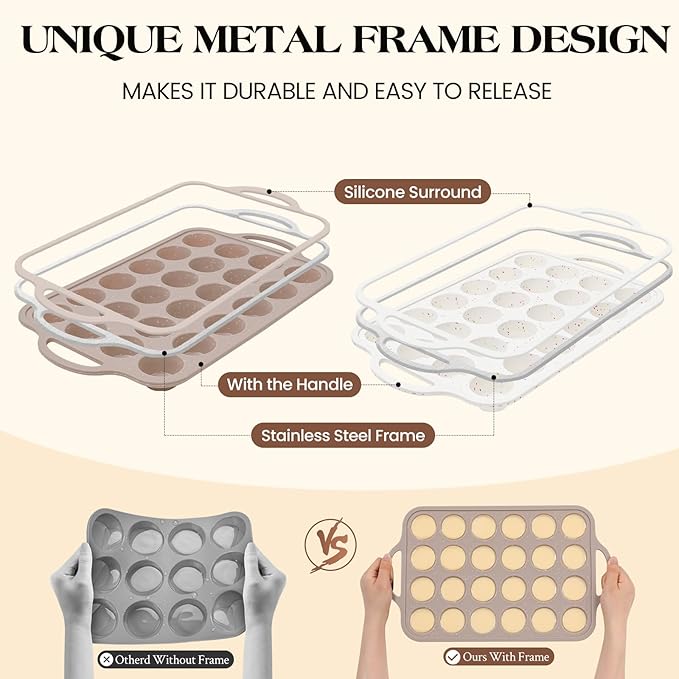Vinino 2Pack Mini Silicone Muffin Pans for Baking with Metal Reinforced Frame, 24 Cups Mini Size Nonstick Cupcake Pan, BPA Free Oven Dishwasher Safe Baking Mold for Muffins Cupcakes