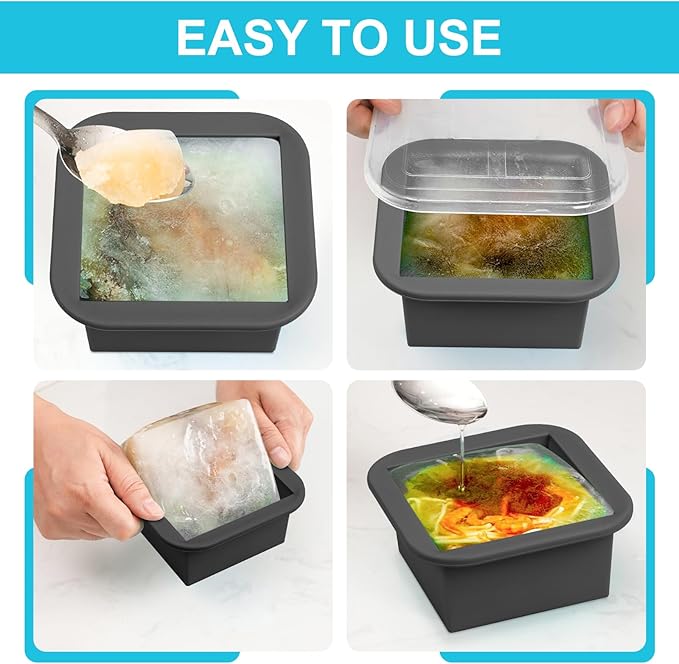 Silicone Freezer Tray with Lid 4 Pack Silicone Freezer Molds Ice Cube Tray Makes 4 Perfect 2 Cup Portions Soup Cubes Meal Prep Containers- Oven & Dishwasher Safe