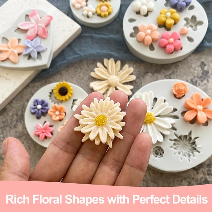 5Pcs Flower Molds Silicone Chocolate Mold Daisy Flower Fondant Polymer Clay Resin Mold Soap Ice Cube Jello Molds for Baking and Cake Cupcake Decorating