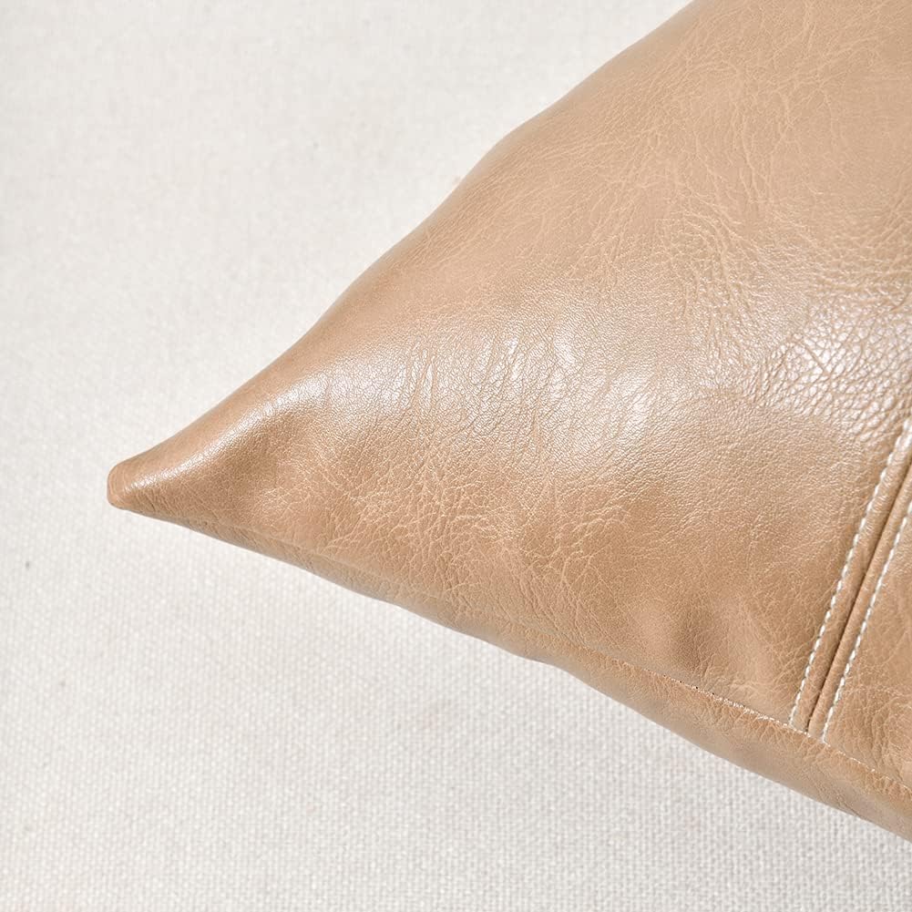 Fancy Homi Tan Lumbar Waterproof Faux Leather Decorative Throw Pillow Covers 12x20 Inch for Living Room Couch Bed, Beige Hand Stitched Cushion Case 30x50 cm, Taupe Modern Farmhouse Home Décor
