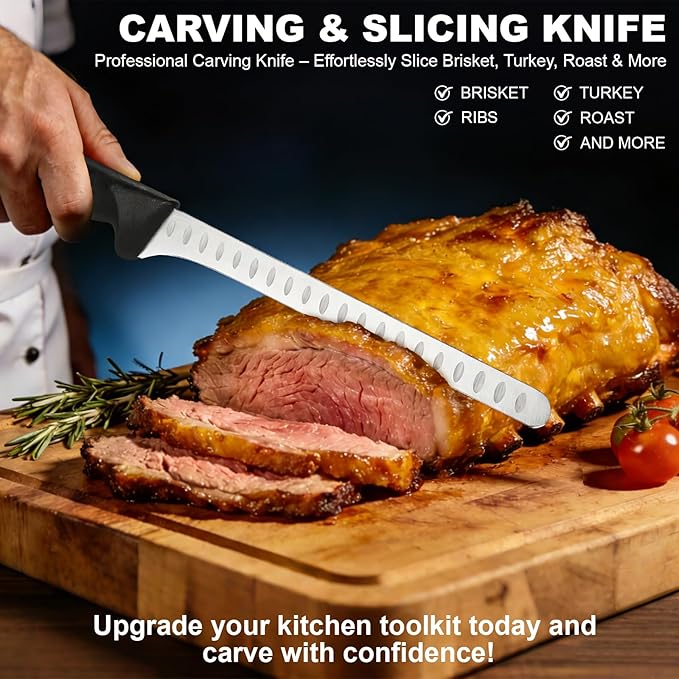 Carving Knife for Meat & 10-inch Sharpener Set - Brisket Slicing Knives with Razor Sharp High Carbon Stainless Steel Blade, Ergonomic Handle - Premium Turkey Carving Knife
