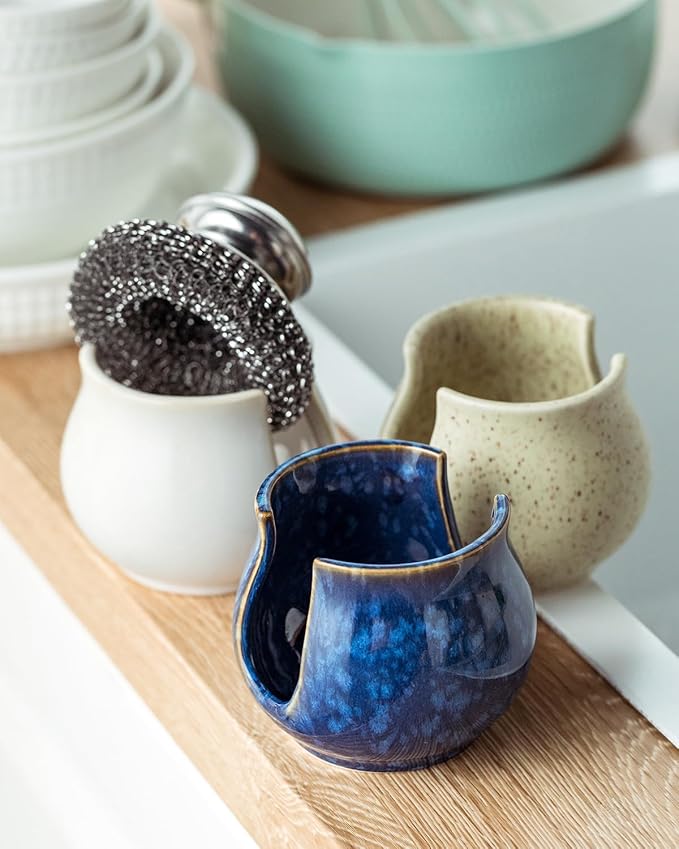 Ceramic Sponge Holder, Kitchen Sink Scrubby Caddy Organizer Dish Sponge Dish Rack for Scrubbers, Bathroom, Sink, Blue