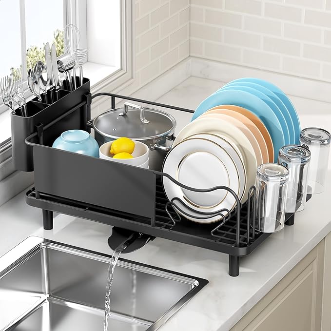 Stainless Steel Dish Drying Rack - Large Capacity Dish Rack for Kitchen Counter with Drain Board, Rustproof Dish Drainer with Drain Spout, Utensil Holder & Glass Holder, Dinnerware Organizer, Black