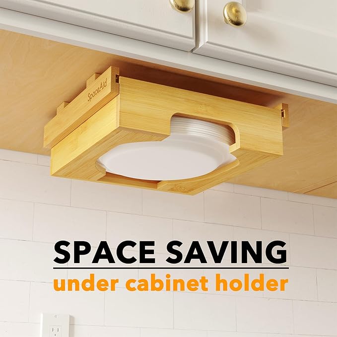 SpaceAid 9-inch Paper Plate Dispenser (Need 10.2 Inches Deep Cabinet Space) Under Cabinet Bamboo Plates Holder, Kitchen Vertical Dipensers Caddy, Bamboo
