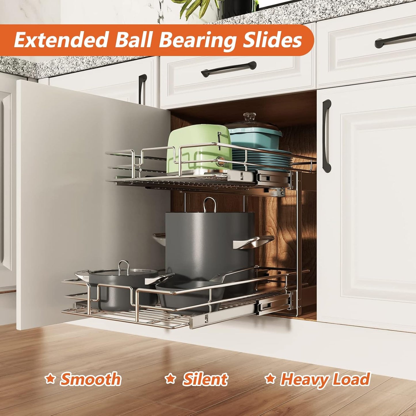 ROOMTEC Individual Pull Out Cabinet Organizer (14" W x 21" D), 2 Tier Spice Rack Organizer for Cabinet, Slide Out Drawer Pantry Shelf Organization and Storage for Kitchen Bathroom