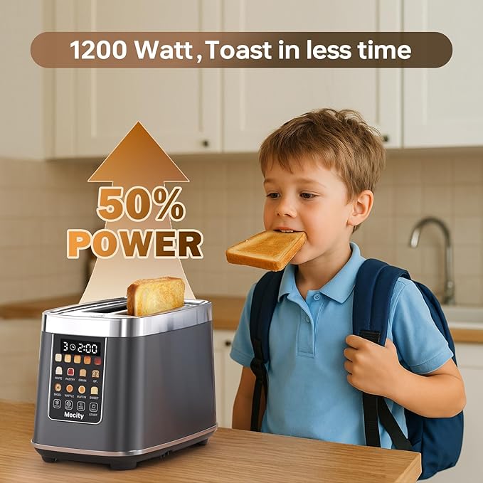 Mecity 2 Slice Toaster with Touch Screen & Auto Lift, Stainless Steel Cool-Touch Toaster with 8 Bread Settings, 5 Shade Levels, 1200W High Power, Keep Warm & Reheat Function, Metallic Grey, 120V
