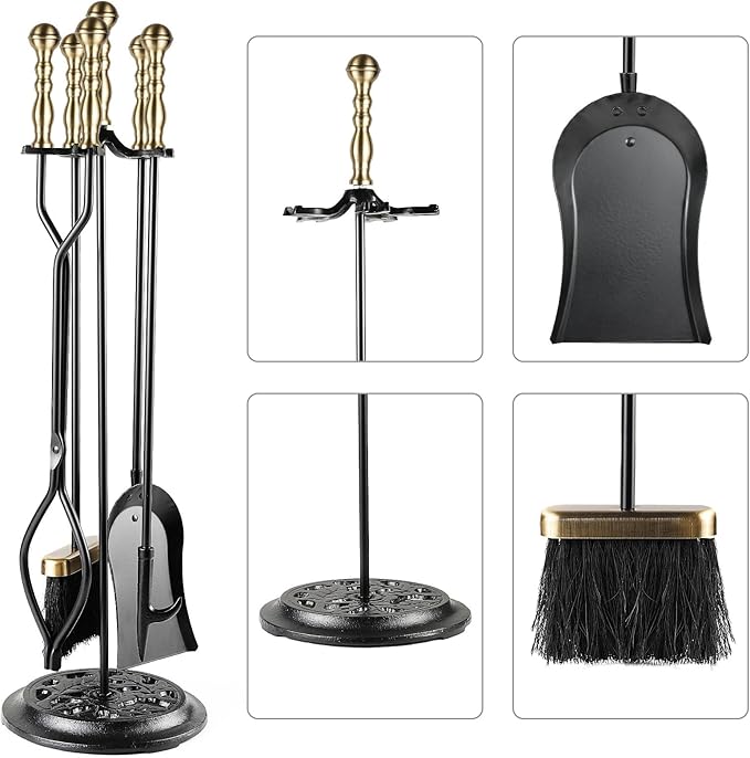 5 Pieces Fireplace Tools Sets Wrought Iron Firewood Kit with Handle Durable Tool Set and Holder for Fire Pit Stand Indoor Tong Shovel Poker Brush Firewood Accessories (Brass)