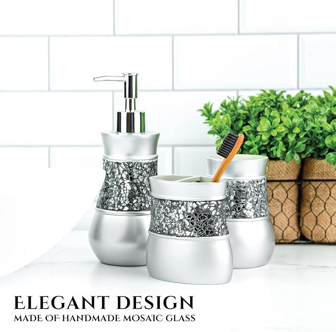 Creative Scents Crackled Glass Silver Hand Soap Dispenser for Bathroom, Decorative Countertop Lotion Dispenser, Elegant Liquid Soap Dispenser with Sturdy Pump for Classic Bathroom Décor