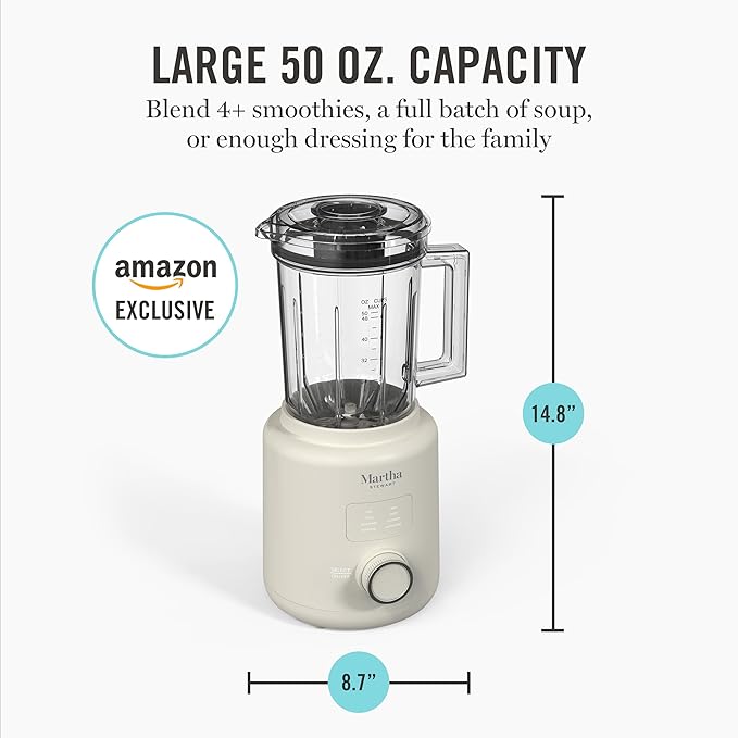 Martha Stewart 50oz Countertop Blender, Smoothie, Margarita & Ice Crushing Blender, BPA-Free Pitcher, 3 Speeds, 5 Presets, Auto-Clean Function, Dishwasher Safe, Stainless Steel Blades, Linen Cream