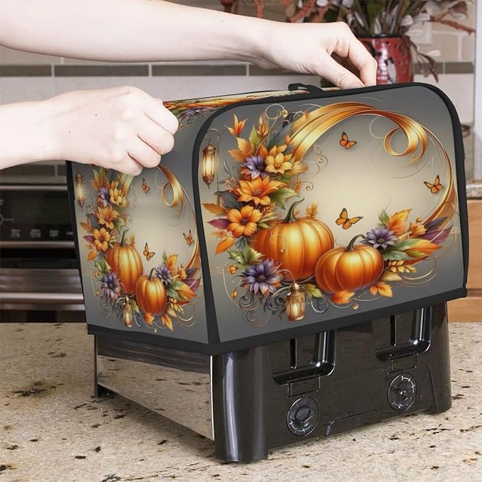 Art Fall Pumpkin Flower Toaster Cover 2 Slice Dust and Fingerprint Protection Toaster Bread Maker Covers Washable Kitchen Small Appliance Covers for Kitchen Accessories Decor Bakeware Women Gift