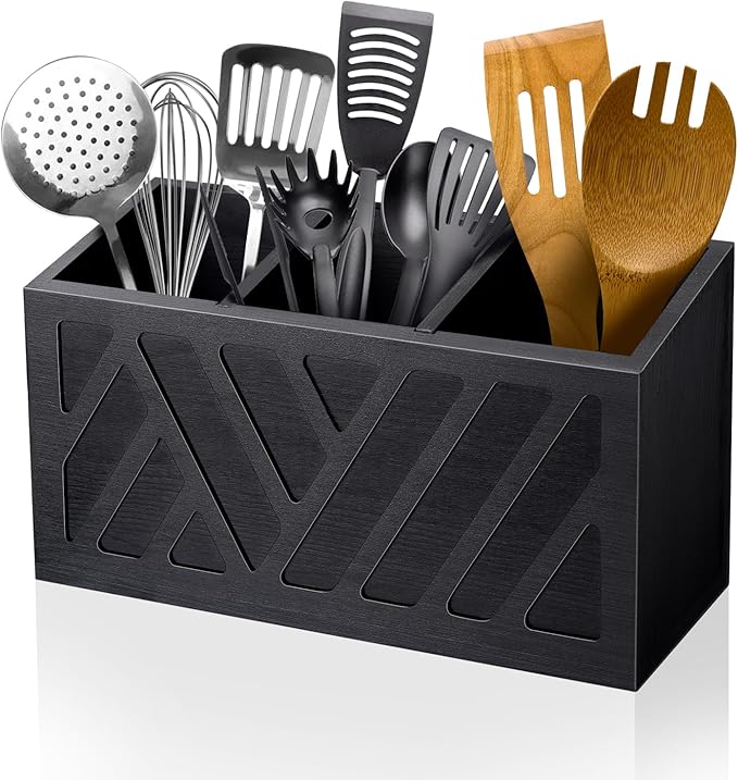 MINCORD Utensil Holder Caddy with 3 Compartments, Wooden Flatware Cutlery Storage Organizer Box Countertop for Silverware Fork Spoon Spatula