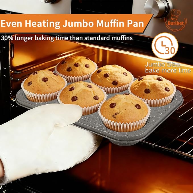 2 Pack Jumbo Muffin Pan, 6 Cup Large Cupcake Pan with Speckled Granite Coating and Paper Liners, Professional Nonstick Carbon Steel Muffin Tin for Baking Muffins Frittatas Cupcakes, Grey