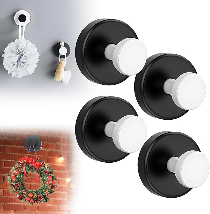 Suction Cup Hooks for Wreaths on Glass, 2025 New No Drill Suction Cup Hooks for Shower, Wreath Hanger Holder for Front Door, Upgraded Towel Hooks for Window Bathroom Mirrors (4, Black White)